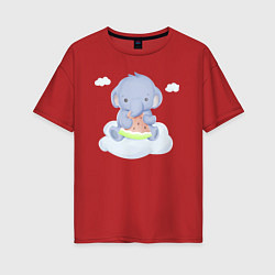 Женская футболка оверсайз Милый Слонёнок На Облаке Кушает Арбуз