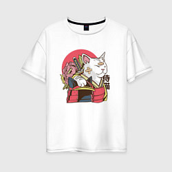 Женская футболка оверсайз Котик Самурай Samurai Cat Japanese art