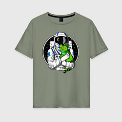 Футболка оверсайз женская Космонавт с инопланетным котом, цвет: авокадо