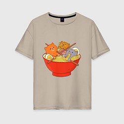 Женская футболка оверсайз THREE CATS EATING NOODLES
