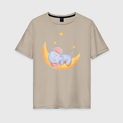 Женская футболка оверсайз Милый Слонёнок Спит На Месяце Среди Звёзд