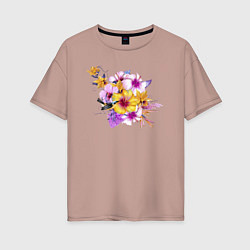 Женская футболка оверсайз Цветы Оранжевые и Розовые Гибискус и Ирисы