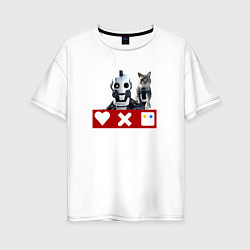 Женская футболка оверсайз Love death and robots белый робот с котом