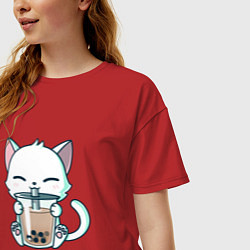 Футболка оверсайз женская Котик с бабл ти, цвет: красный — фото 2