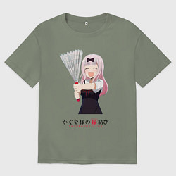 Футболка оверсайз женская Госпожа Кагуя Love is war Синомия с веером, цвет: авокадо
