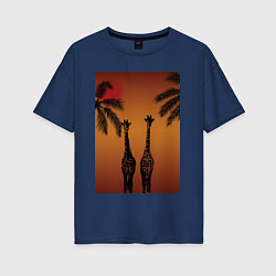 Футболка оверсайз женская Жирафы и пальмы на закате, цвет: тёмно-синий
