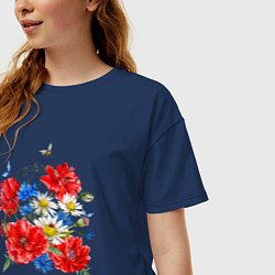 Футболка оверсайз женская Летний букет мак василек ромашка цветы лето, цвет: тёмно-синий — фото 2