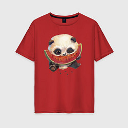 Футболка оверсайз женская Маленький панда ест арбуз, цвет: красный