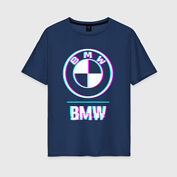 Футболка оверсайз женская Значок BMW в стиле glitch, цвет: тёмно-синий