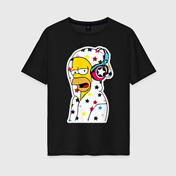 Женская футболка оверсайз Гомер Симпсон в звёздном балахоне и в наушниках