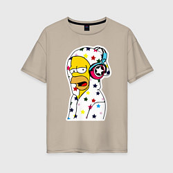 Женская футболка оверсайз Гомер Симпсон в звёздном балахоне и в наушниках