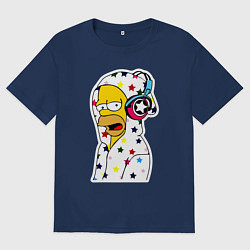 Женская футболка оверсайз Гомер Симпсон в звёздном балахоне и в наушниках