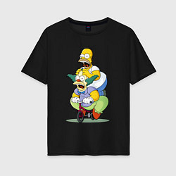 Женская футболка оверсайз Гомер Симпсон и Клоун Красти едут на детском велос