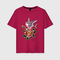 Женская футболка оверсайз Птица с розой