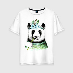Женская футболка оверсайз Прикольный панда жующий стебель бамбука