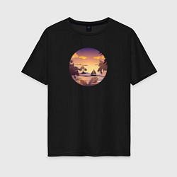 Женская футболка оверсайз Тропический остров и лодка в море на закате