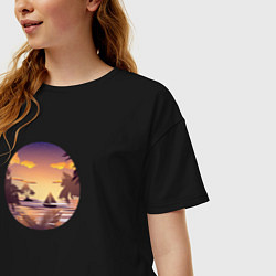Футболка оверсайз женская Тропический остров и лодка в море на закате, цвет: черный — фото 2