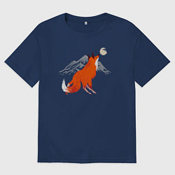 Футболка оверсайз женская Лиса, горы и луна, цвет: тёмно-синий