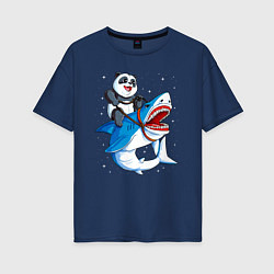 Футболка оверсайз женская Панда верхом на акуле в космосе, цвет: тёмно-синий