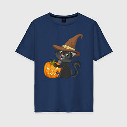 Женская футболка оверсайз Чёрный котик в шляпе и с тыквой