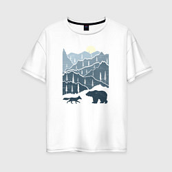 Женская футболка оверсайз Лиса и медведь в горах