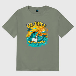 Женская футболка оверсайз Акула серфингист будь свободным