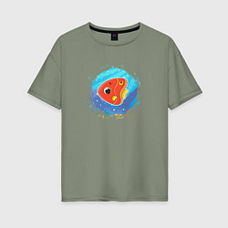 Футболка оверсайз женская Мультяшная красная морская рыбка, цвет: авокадо