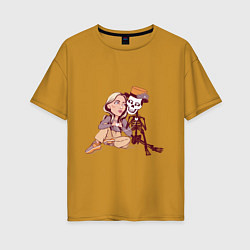 Женская футболка оверсайз Девушка и скелетик в шляпе