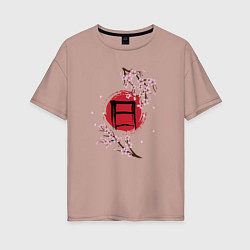 Женская футболка оверсайз Цветущая сакура и красный круг с японским иероглиф