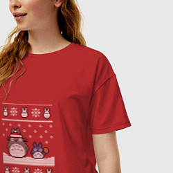 Футболка оверсайз женская Новогодние тоторики - ugly sweater, цвет: красный — фото 2