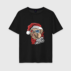 Футболка оверсайз женская Pug merry christmas, цвет: черный