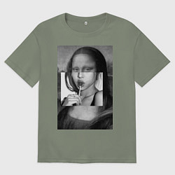 Женская футболка оверсайз Мона Лиза с чупа чупсом - чёрно белая