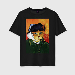 Женская футболка оверсайз Кот Ван Гога портрет с отрезанным ухом - пародия