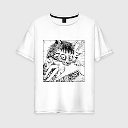 Женская футболка оверсайз Crazy cat - кот кусает руку