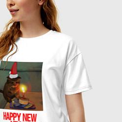 Футболка оверсайз женская Новогодний грустный котик, цвет: белый — фото 2