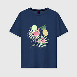 Футболка оверсайз женская Розовый фламинго в листьях с фруктами, цвет: тёмно-синий