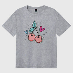 Женская футболка оверсайз Вишня и сердечки