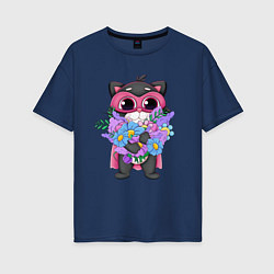 Женская футболка оверсайз Кот супергерой с цветами