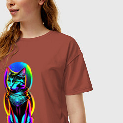 Футболка оверсайз женская Кот в стиле киберпанк, цвет: кирпичный — фото 2