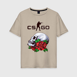 Футболка оверсайз женская Контра и череп с розами, цвет: миндальный