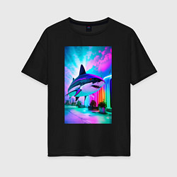 Женская футболка оверсайз Неоновая акула - нейросеть
