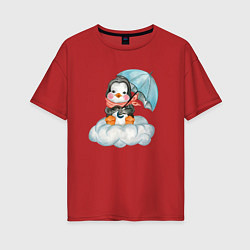 Футболка оверсайз женская Пингвин на облаке с зонтом, цвет: красный