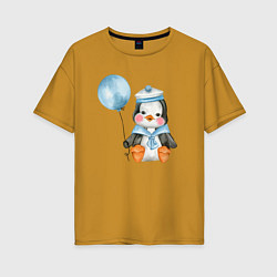Женская футболка оверсайз Пингвин с синим шариком
