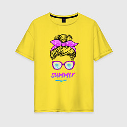 Женская футболка оверсайз Лето - девушка в розовых солнцезащитных очках
