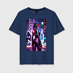 Футболка оверсайз женская Девушка-кошка в ночном городе - киберпанк, цвет: тёмно-синий