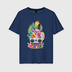 Женская футболка оверсайз Розовая коала с бумбоксом и тропическими листьями