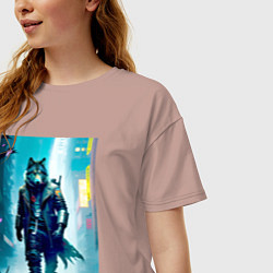 Футболка оверсайз женская Крутой волчара - киберпанк, цвет: пыльно-розовый — фото 2