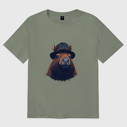 Футболка оверсайз женская Портрет капибары в шляпе, цвет: авокадо