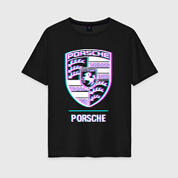 Футболка оверсайз женская Значок Porsche в стиле glitch, цвет: черный