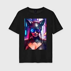 Женская футболка оверсайз Девушка в костюме кошки - киберпанк